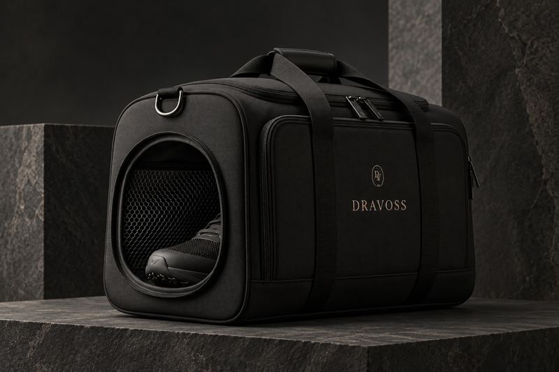 A black DRAVOSS carryall with a ventilated shoe compartment, resting on a stone plinth.
