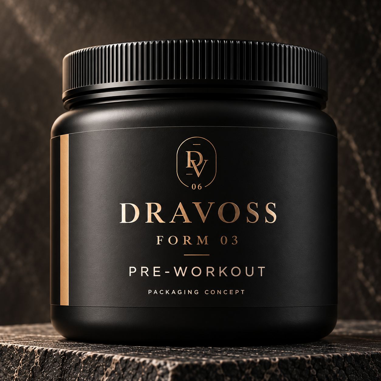 Close view of the FORM 03 label showing the champagne stripe, DV seal and the word Pre-Workout.