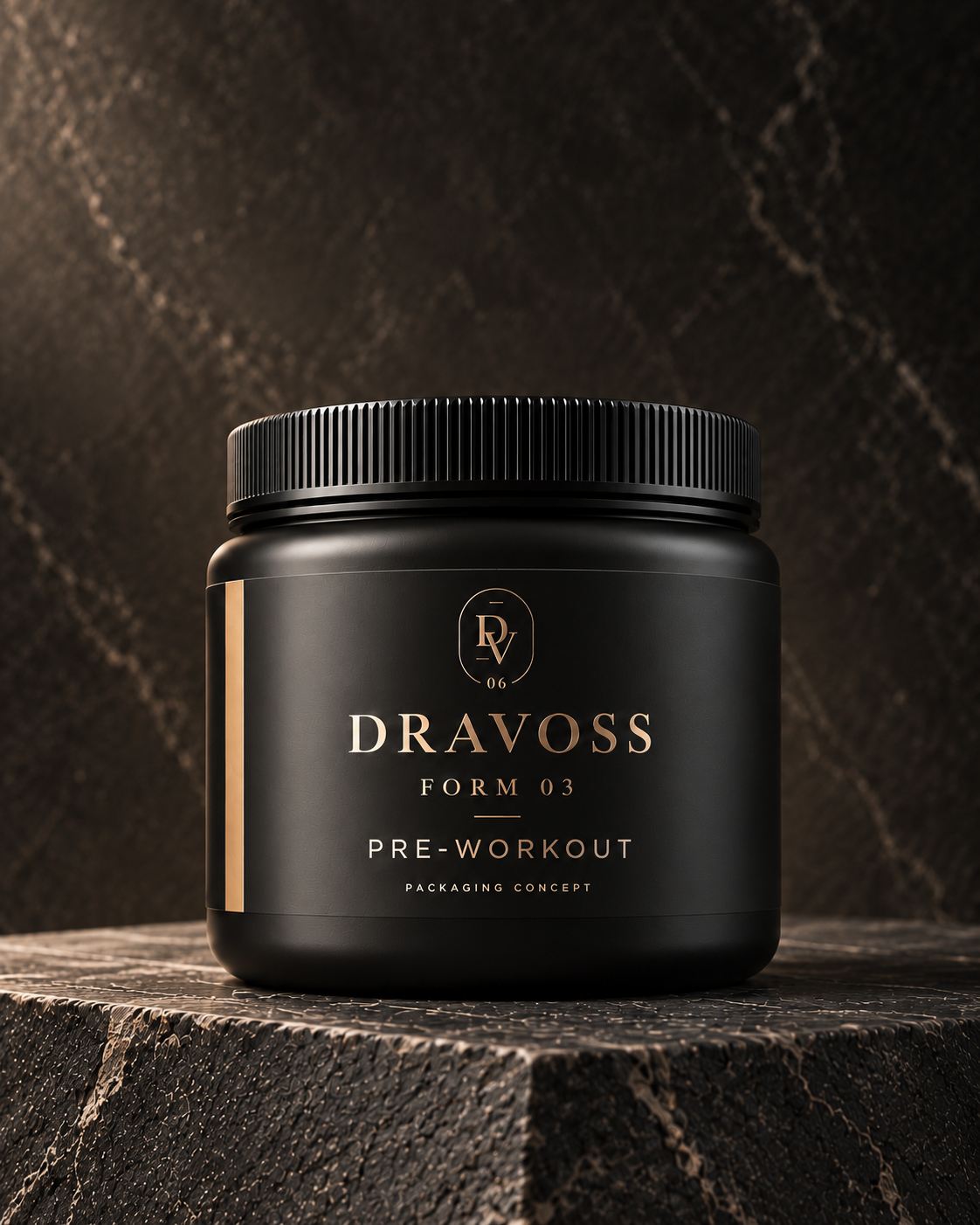 FORM 03 Pre-Workout: a compact matte black jar with a narrow champagne vertical stripe, full pack on stone.