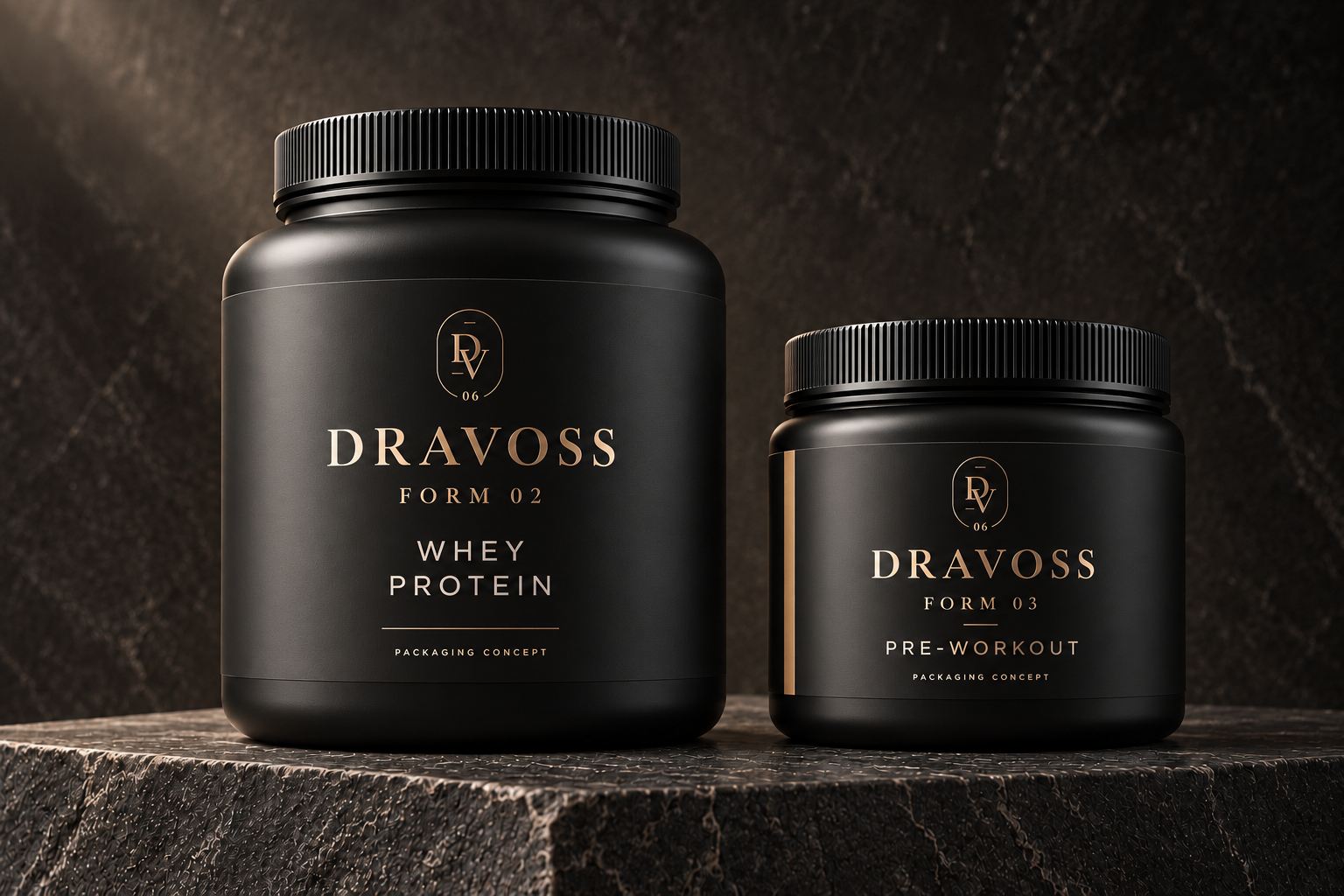 The FORM 02 whey tub beside the smaller FORM 03 pre-workout jar on granite blocks. The tub is taller and wider.