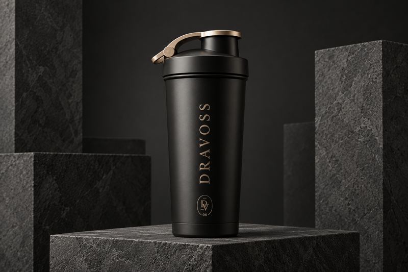 A matte black DRAVOSS shaker with a champagne-toned flip handle, standing between stone blocks.