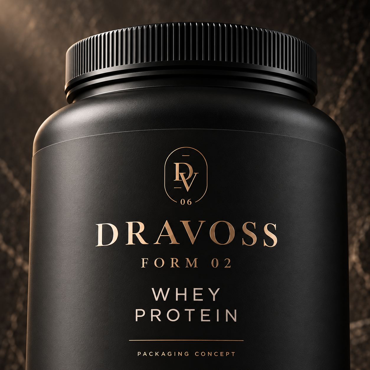 Close-up of the FORM 02 label: DV seal, DRAVOSS wordmark and the words Whey Protein.