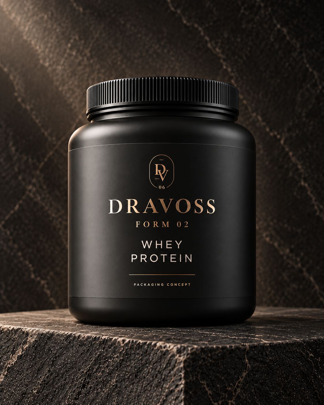 FORM 02 Whey Protein: a large matte black tub with a ribbed cap, full pack on a stone plinth.